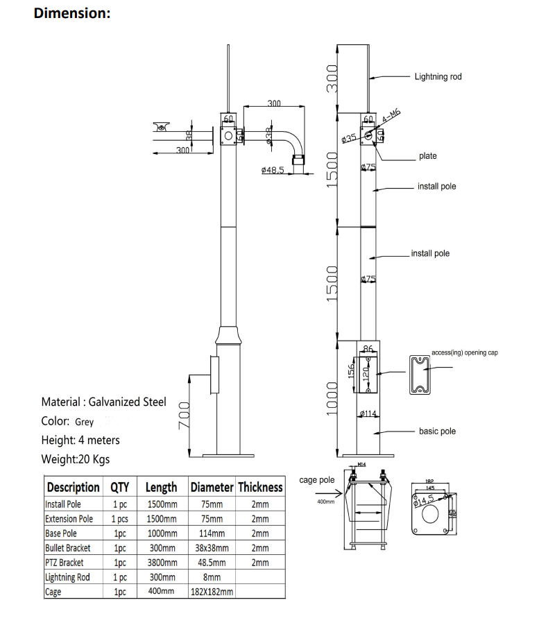 Poteau Mât Spécial Vidéo Surveillance de 4 mètres