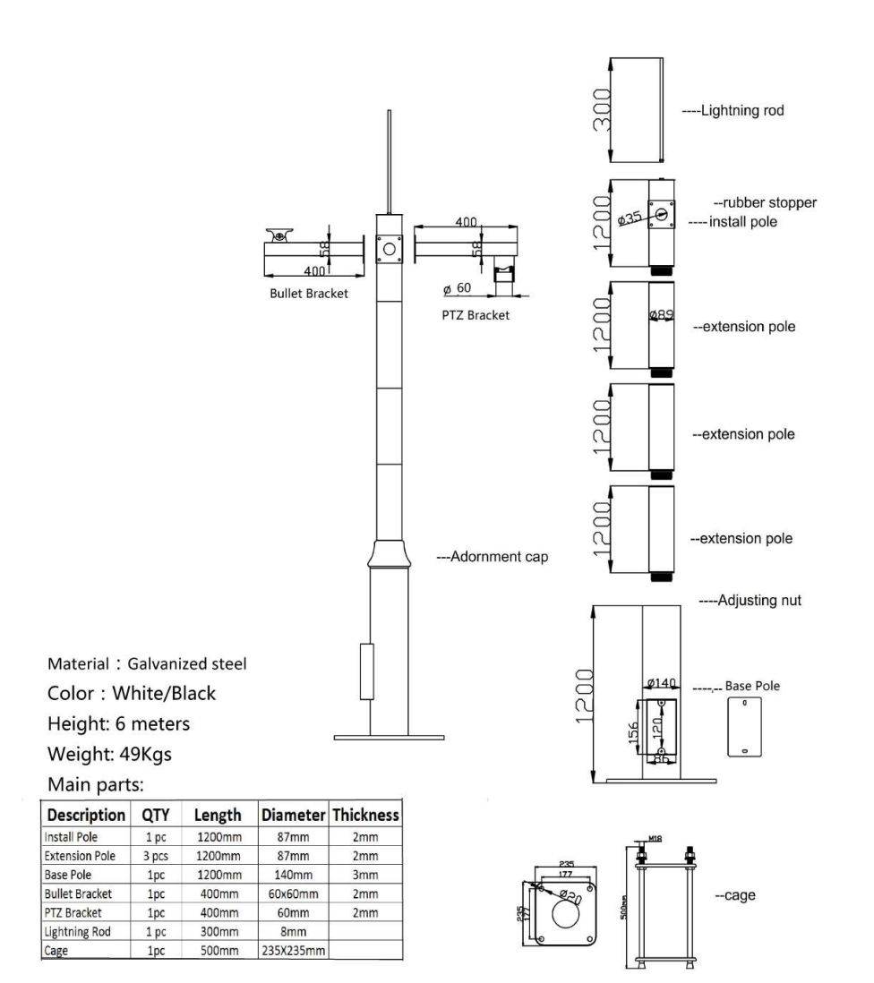 Mât spécial vidéosurveillance - Poteau Vidéosurveillance de 6 mètres